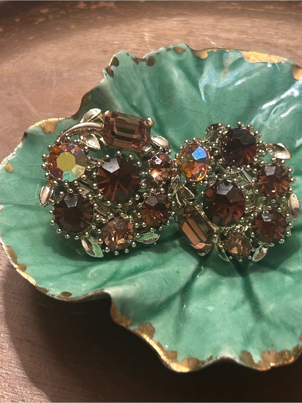 Brown Lisner Crystal Cluster Clip On Earrings  - Sparkling Floral Design